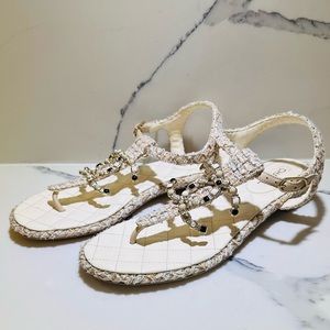 CHANEL TWEED AND GOLD JEWELED CC LOGO T STRAP SANDALS